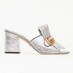 Gucci Marmont GG Logo Silver Crinkled Leather Kiltie Fringe Heels 38.5